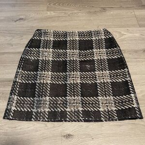 LOFT Plaid Mini Skirt Black Gray Silver Metalic with Back Zipper Size 6